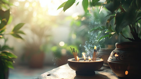 A meditation space with incense and candles, framed by soft-focus greenery in the backgroundの素材
