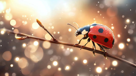 A ladybug climbing up a twig surrounded by soft natural bokehの素材