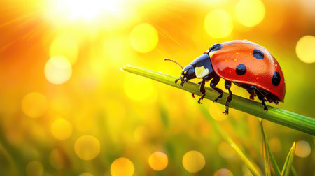 A ladybug balanced on the tip of a grass blade, basking in golden hour lightの素材