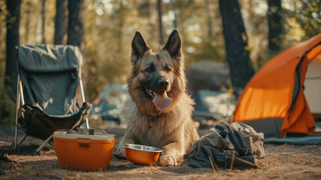 A large dog at a camping site with a bowl in its mouth, surrounded by gearの素材
