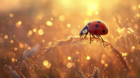 A ladybug balanced on the tip of a grass blade, basking in golden hour lightの素材