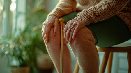 A middle-aged woman using a walking cane, carefully supporting her aching kneeの素材
