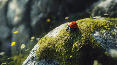 A macro shot of a ladybug on a moss-covered rock in a natural settingの素材