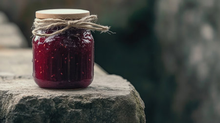 A mason jar of freshly made strawberry jam, tied with a rustic twine bowの素材