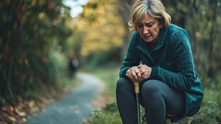 A middle-aged woman using a walking cane, carefully supporting her aching kneeの素材