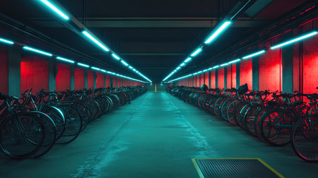 Rows of bicycles in an underground parking facility, illuminated by fluorescent lights.の素材