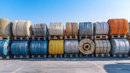 Various sizes of polyethylene rope rolls displayed on wooden pallets in a shipping yard under a clear sky.の素材