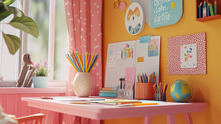 A bright and cheerful study desk with a pencil vase, colorful stationery, and a motivational quote on the wall.の素材