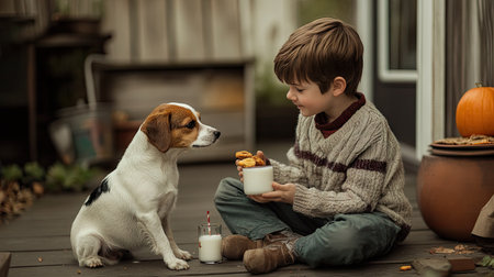 A boy and his pet dog sitting on a porch, sharing a snack and a glass of milk.の素材