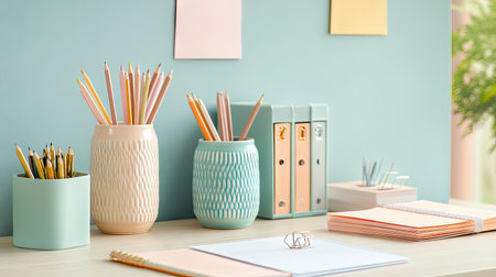 A bright and organized home office with a pencil vase, paper clips, and sticky notes in pastel shades.の素材