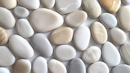 A background of evenly spread sea pebbles in shades of gray, beige, and white, with a soft focus effect.の素材