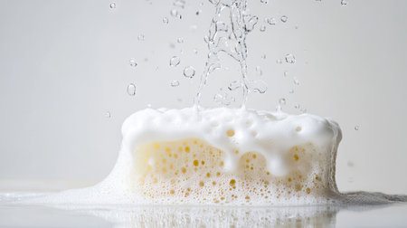 A close-up of a dishwashing sponge squeezing out foam, with water dripping against a white background.の素材