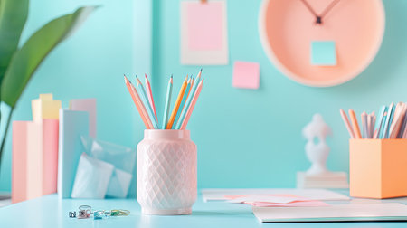 A bright and organized home office with a pencil vase, paper clips, and sticky notes in pastel shades.の素材