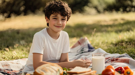 A boy sitting on a picnic blanket with a glass of milk and homemade sandwiches.の素材
