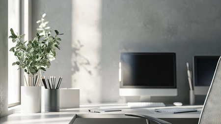A clean and professional workspace featuring a pencil vase, ergonomic chair, and dual monitors.の素材