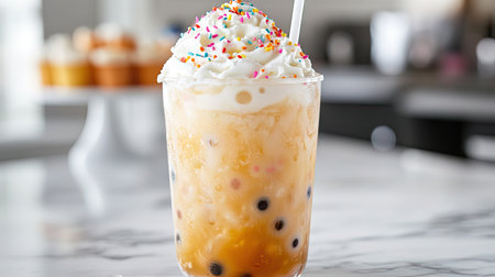 A refreshing glass of iced bubble tea topped with whipped cream and colorful sprinkles on a marble countertop.の素材