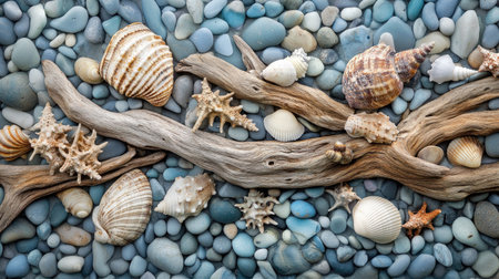 A background of sea pebbles mixed with tiny seashells and driftwood pieces for a coastal vibe.の素材