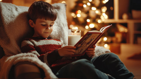 A boy sitting in a cozy armchair, drinking a glass of milk while reading a picture book.の素材