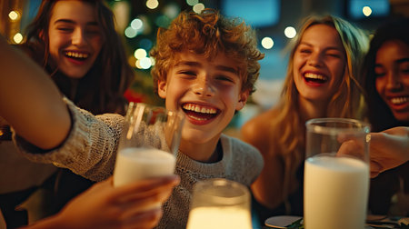 A boy raising a glass of milk in celebration with a group of friends at a party.の素材