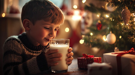 A boy enjoying a glass of milk with a Christmas tree and presents in the background.の素材