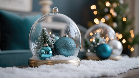 A snow globe-style arrangement featuring ornament balls inside a clear glass dome with fake snow.の素材