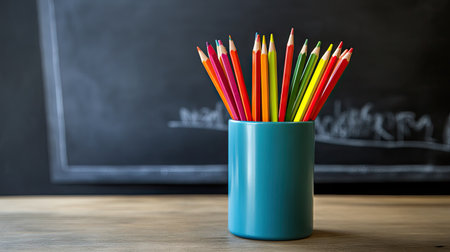 A cheerful classroom desk setup featuring a pencil vase with colorful pencils and a chalkboard in the background.の素材