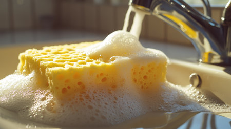 A bright yellow dishwashing sponge covered in soap suds, placed next to a shiny, clean sink.の素材