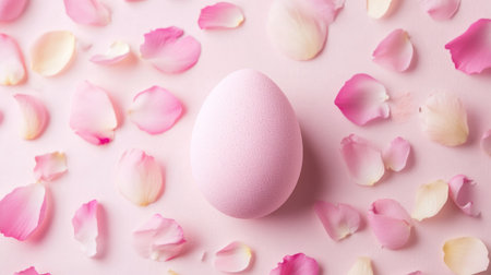 A single pink egg-shaped makeup sponge surrounded by flower petals on a soft pastel background.の素材