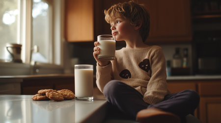 A boy sitting on the kitchen counter, drinking a glass of milk with cookies beside him.の素材