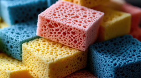 A pile of old and new dishwashing sponges showing the contrast between wear and freshness.の素材