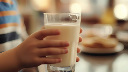 A close-up of a boy's hand holding a glass of milk, with a blurred breakfast scene in the background.の素材