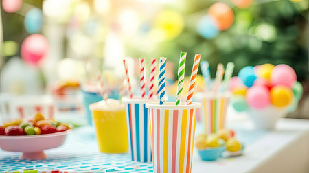A child's birthday party with eco-friendly striped paper straws in colorful beverages on a decorated table.の素材