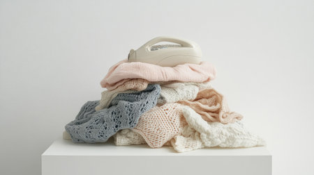 A playful composition with a pile of baby clothes and a compact electric iron, set against a clean white surface.の素材