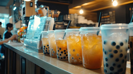 A busy bubble tea shop counter with iced bubble tea in various flavors ready to be served.の素材