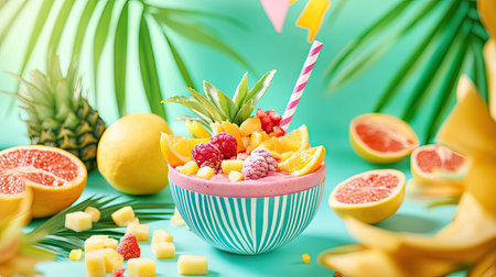 A smoothie bowl with eco-friendly striped paper straws in a tropical setting with palm leaves and fruit.の素材