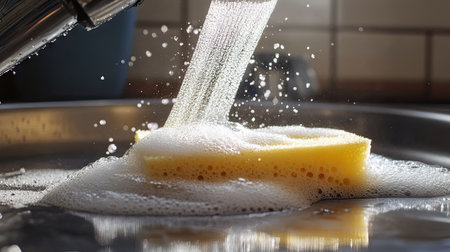 A soapy dishwashing sponge in action, cleaning a stainless steel pan under a faucet.の素材