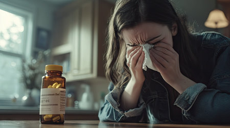 A close-up of a sick woman holding a tissue to her face while sneezing, with a bottle of medicine on the table.の素材