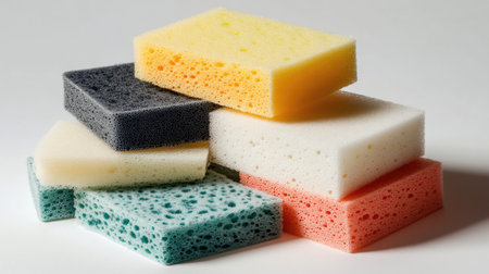 A pile of old and new dishwashing sponges showing the contrast between wear and freshness.の素材