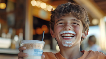 A close-up of a boy laughing with a milk mustache after finishing his drink.の素材