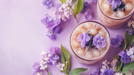 A refreshing iced taro bubble tea with tapioca pearls, styled with purple accents and fresh flowers.の素材
