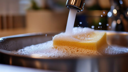 A soapy dishwashing sponge in action, cleaning a stainless steel pan under a faucet.の素材