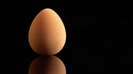 A single egg-shaped makeup sponge standing upright on a reflective black background.の素材
