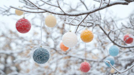 A snowy outdoor scene with colorful ornament balls hanging from a frosty tree branch.の素材