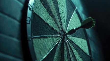 Single dart centered on a dartboard against a dark background, representing precise aim.の素材