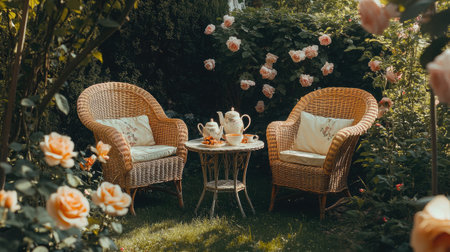 Wicker chairs and a table with a tea set, placed in a peaceful garden setting surrounded by blooming roses and greenery.の素材