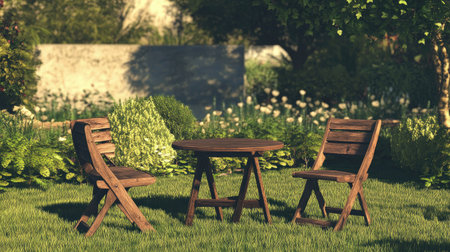 Simple wooden chairs and table set on a grassy lawn in a garden, perfect for a relaxing outdoor dining experience.の素材