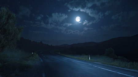 Lonely road stretching under a night sky with clouds lit up by moonlight, creating an eerie and dramatic ambiance, perfect for a cinematic scene.の素材