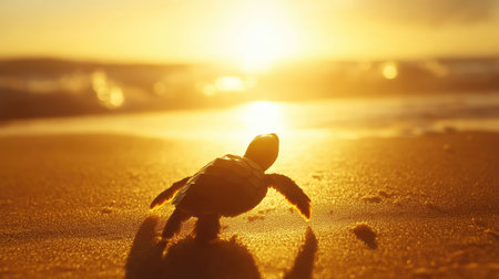 Tiny sea turtle hatchling silhouetted against a bright morning sky as it journeys across the beach to the sea.の素材