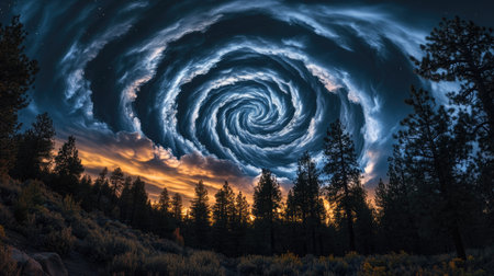 Night view of a forest under a dramatic sky, clouds swirling and faint stars shining through the gaps, creating a moody scene.の素材