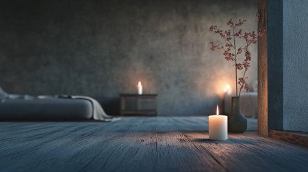 Single candle burning in an empty dark room, creating a peaceful and quiet ambiance with its warm, steady light.の素材